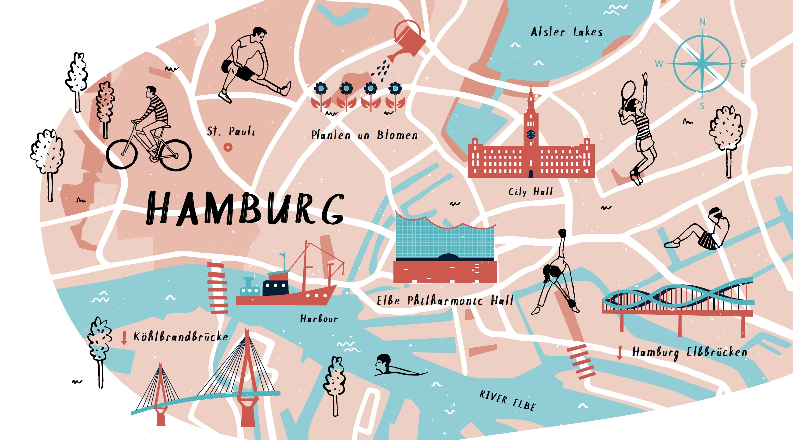 An illustrated map of Hamburg.