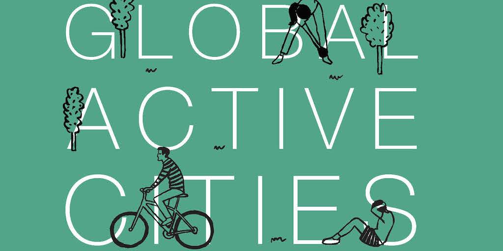 An artist's illustration of the words Global Active Cities with people being active